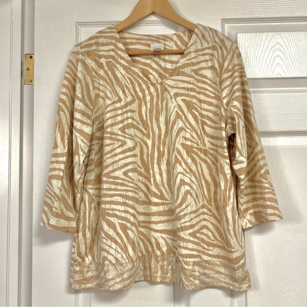 Chicos Zebras Animal Print 3/4 Sleeve Blouse tunic top boho western womens XL